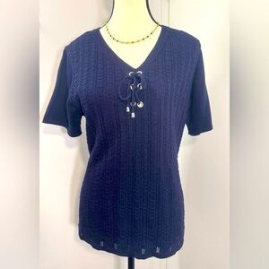 La Madona Women's Navy Blue Knit Boho Half Sleeve Top/Retro Jumper Regular Fit M
